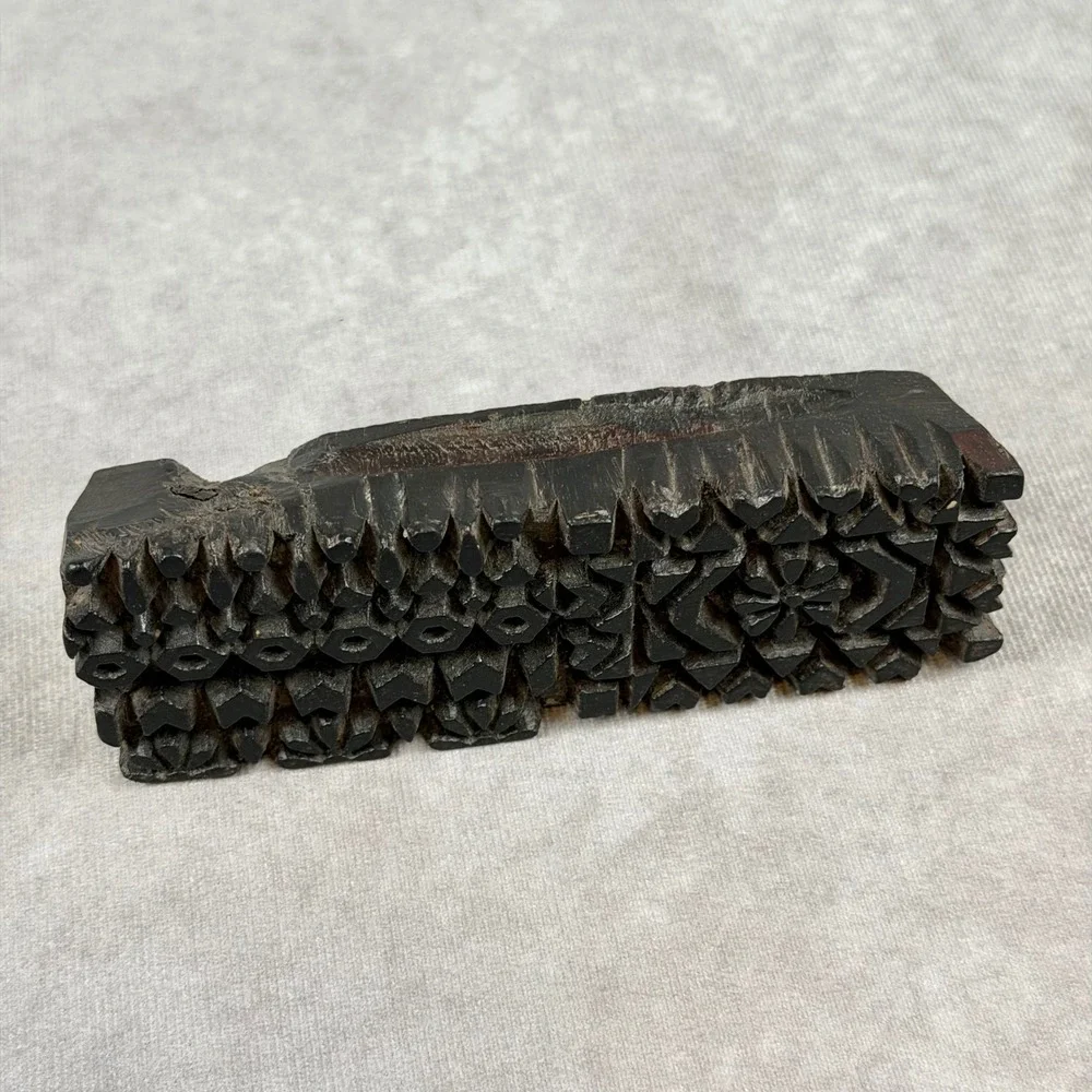 Vintage Hand Carved Wooden Textile Printing Block Geometric Floral Design Stamp